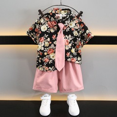 童裝男童短袖襯衫套裝港風碎花夏季兒童襯衣短褲兩件套潮帥氣時髦