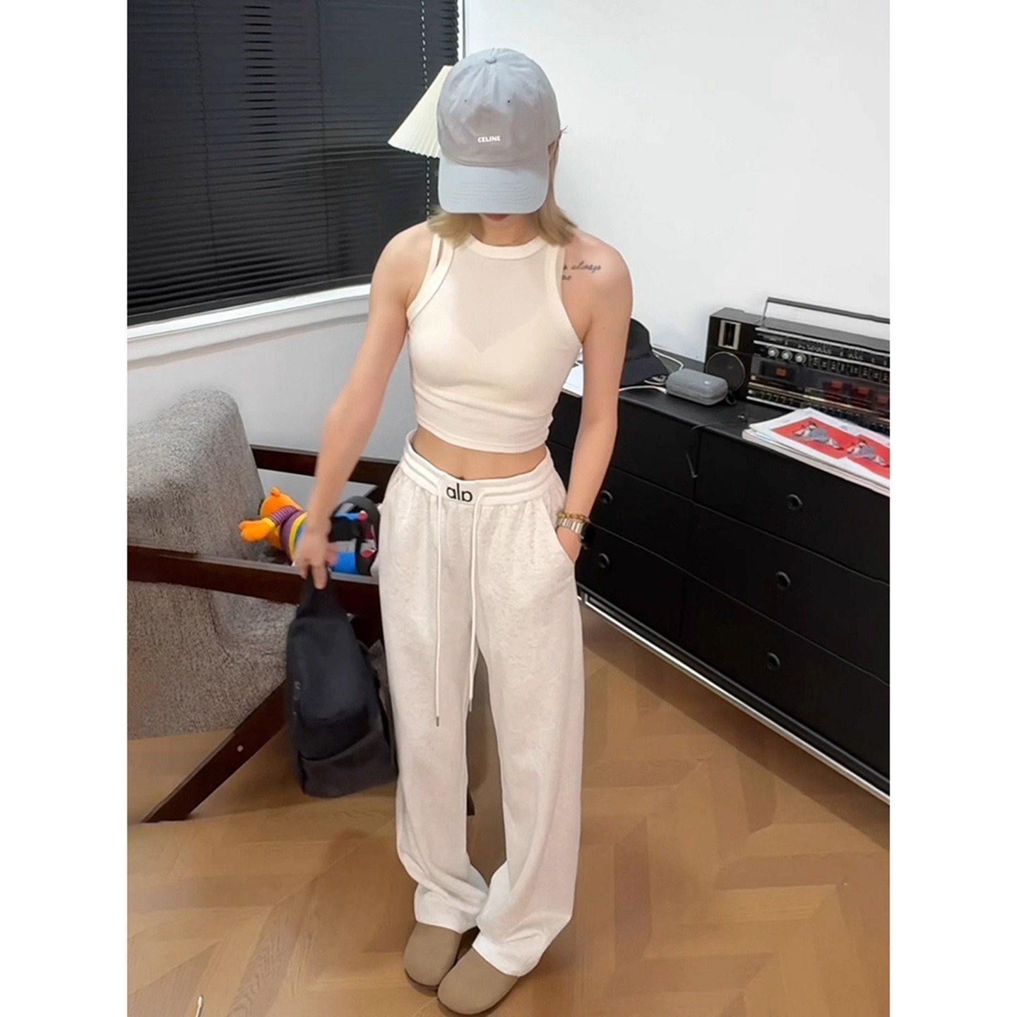 Alo Letter Embroidery Color-Blocking Waistband Sports Sweatpants Men's High Street Vintage Solid Color Straight Loose Long Pants