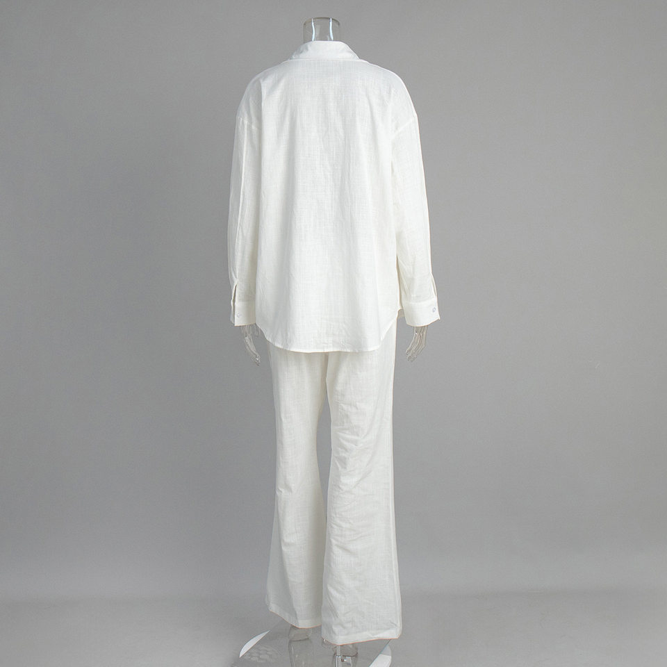 Bộ sơ mi dài tay cổ bẻ phối quần ống rộng dáng suông chất cotton — Màu cà phê, Màu cà phê nhạt, Màu kaki, Màu mơ chi tiết 8