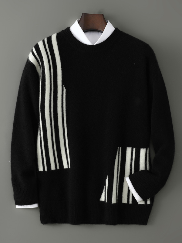 100% Merino Wool Sweater Men's Round Neck Color Matching Fashion Youth Knitted Warm Base Sweater Factory Batch