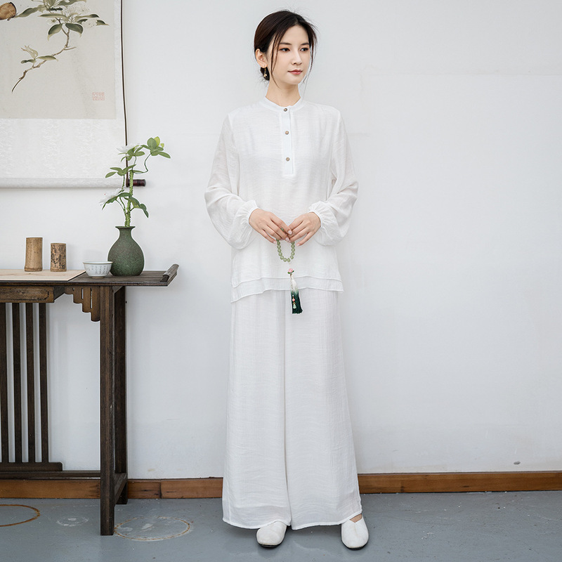 2025 秋冬長袖エスニックスタイル綿とリネン禅在家服瞑想スーツ中国風茶服健康耳かきスーツ|undefined