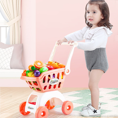 Toy shopping cart for playing house, suitable for both boys and girls, with features like fruit cutting and a toy baby stroller.