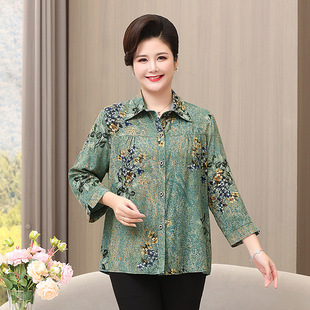 Plus-Size Summer Cotton Silk Shirt for Middle-Aged and Elderly Women, Long-Sleeve Cardigan for Grandma, Spring and Autumn 100kg