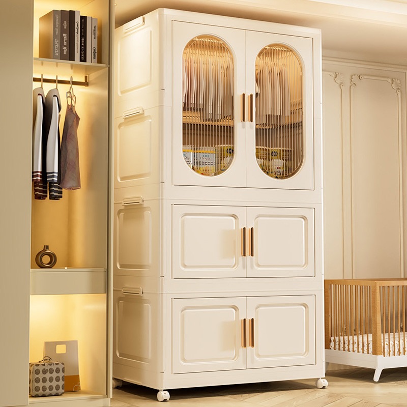 Thickened, foldable storage cabinet for home bedrooms, multi-layer, mobile wardrobe, children's toy and clothing storage cabinet