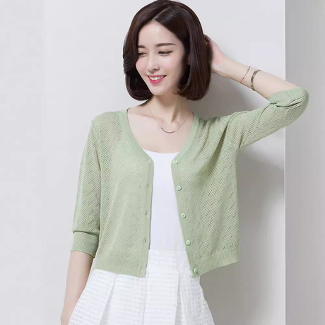 【羊绒世家】桑蚕丝上衣开衫外套女薄款镂空防晒冰丝针织外搭短款