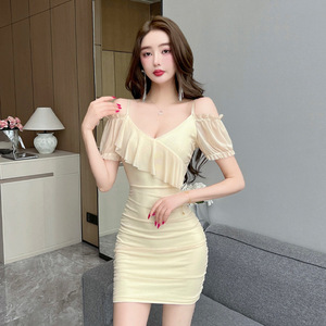 Sexy Ruffle Edge Off the Shoulder Hanging Strap Mesh Wrapped Hip Dress for Women