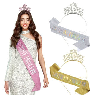 跨境公主皇冠发箍肩带Birthday princess 金葱布腰带生日派对头饰