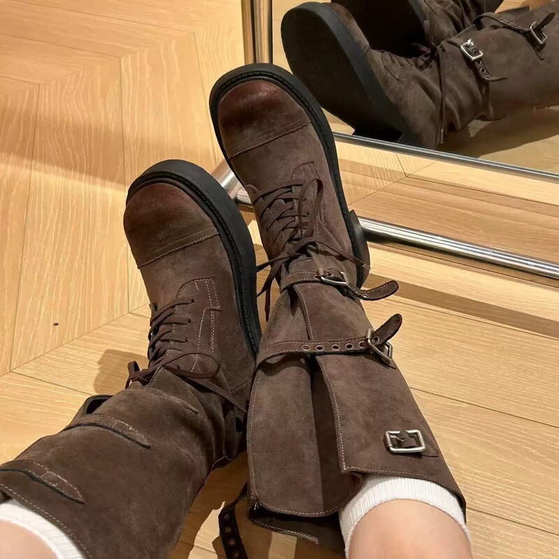 迦罗亚~复古风全软牛皮系带高筒靴中跟长靴女宽松皮搭扣女靴潮|undefined