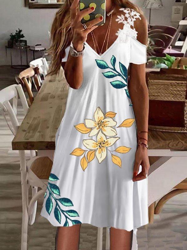 Women's Regular Dress Fashion V Neck Printing Short Sleeve Color Block Flower Knee-length Holiday display picture 4