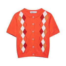 Z批发跨境2025欧美风时尚女装菱形纹百搭圆领热袖针织外套0234011