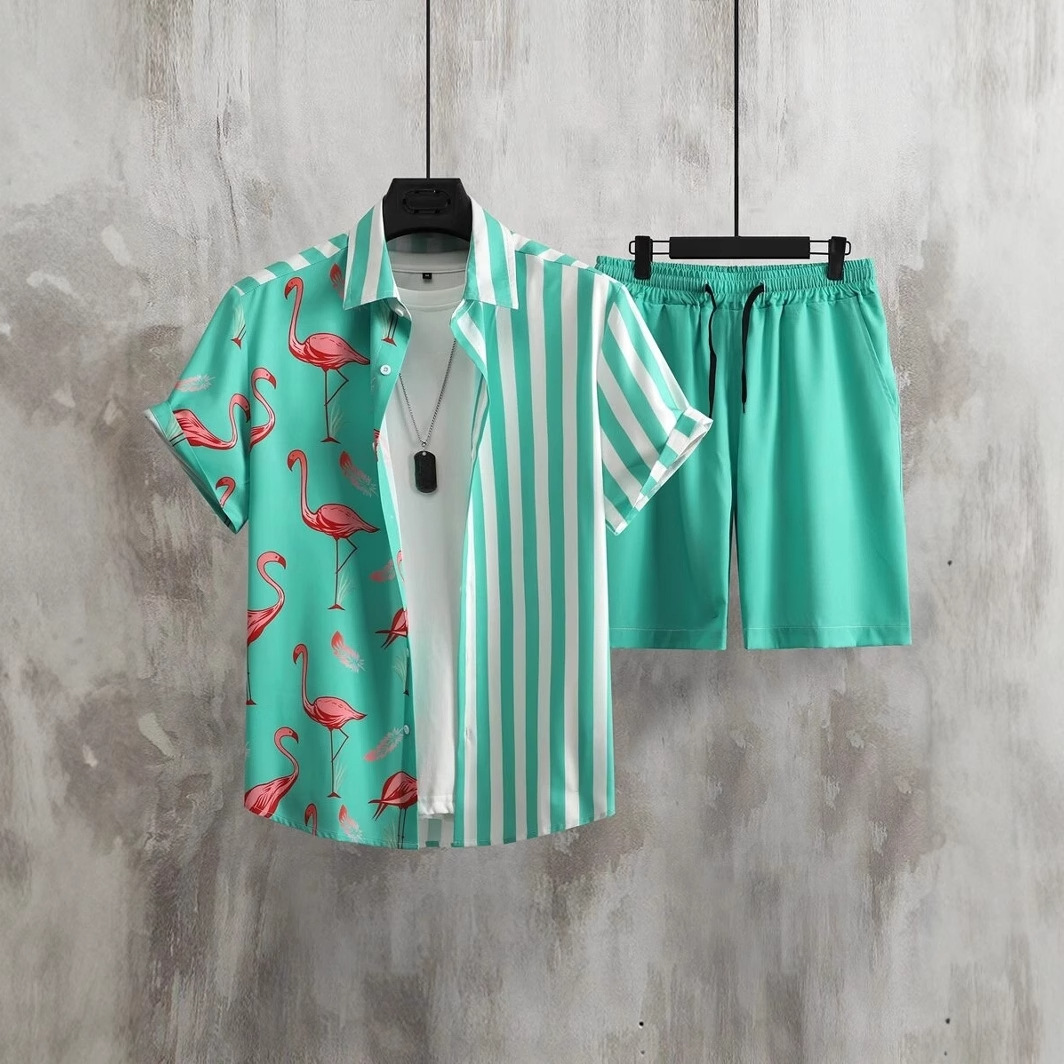 Grulla de corona roja contraste color rayas impresión digital 3D Xiyin venta caliente camisa de verano pantalones cortos conjunto vacaciones en la playa