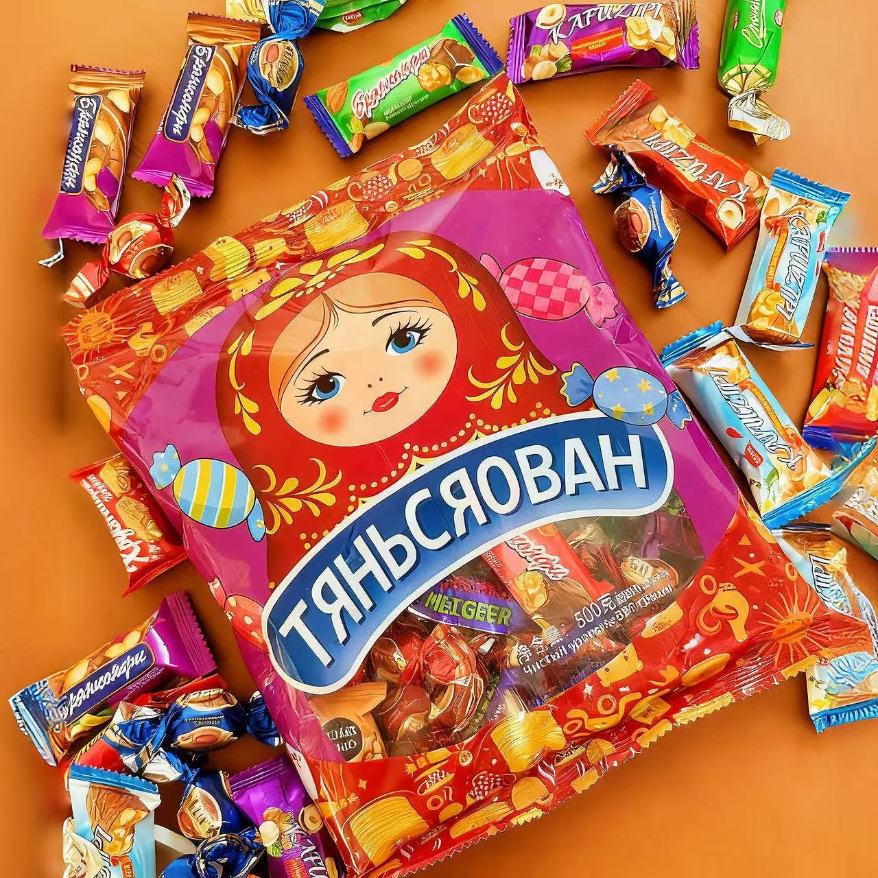 国产俄罗斯风味混合糖花生夹心巧克力涂层奶芙休闲零食喜糖批发