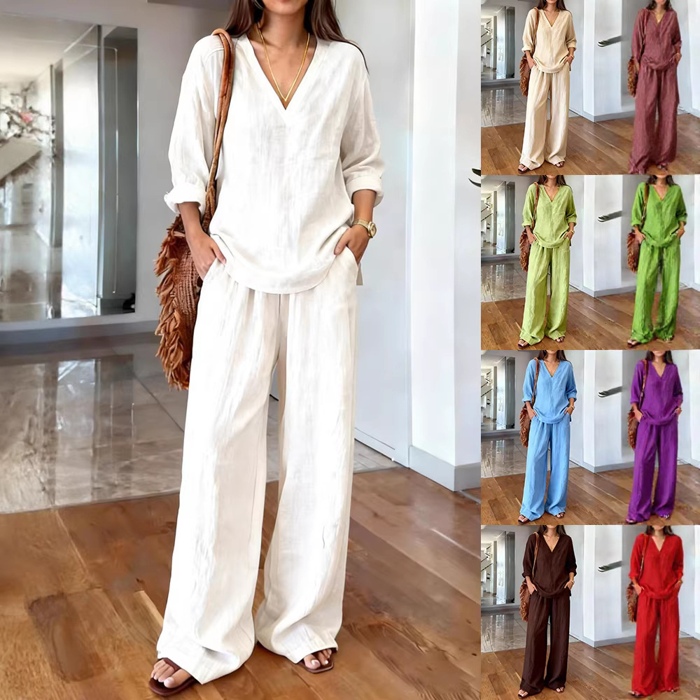Damen-Loungewear-Set aus gewaschener Baumwolle, bestehend aus einem langärmeligen Oberteil mit V-Ausschnitt und einer bequemen Hose, weiches, lässiges Zweiteiler-Outfit_voghion.com