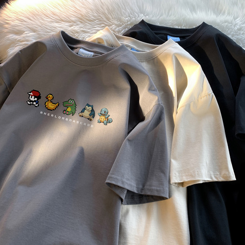 Pixel-style cartoon short-sleeve t-shirt for men, summer trendy brand, simple and loose pure cotton clothing, fashionable and versatile, heavy half-sleeve