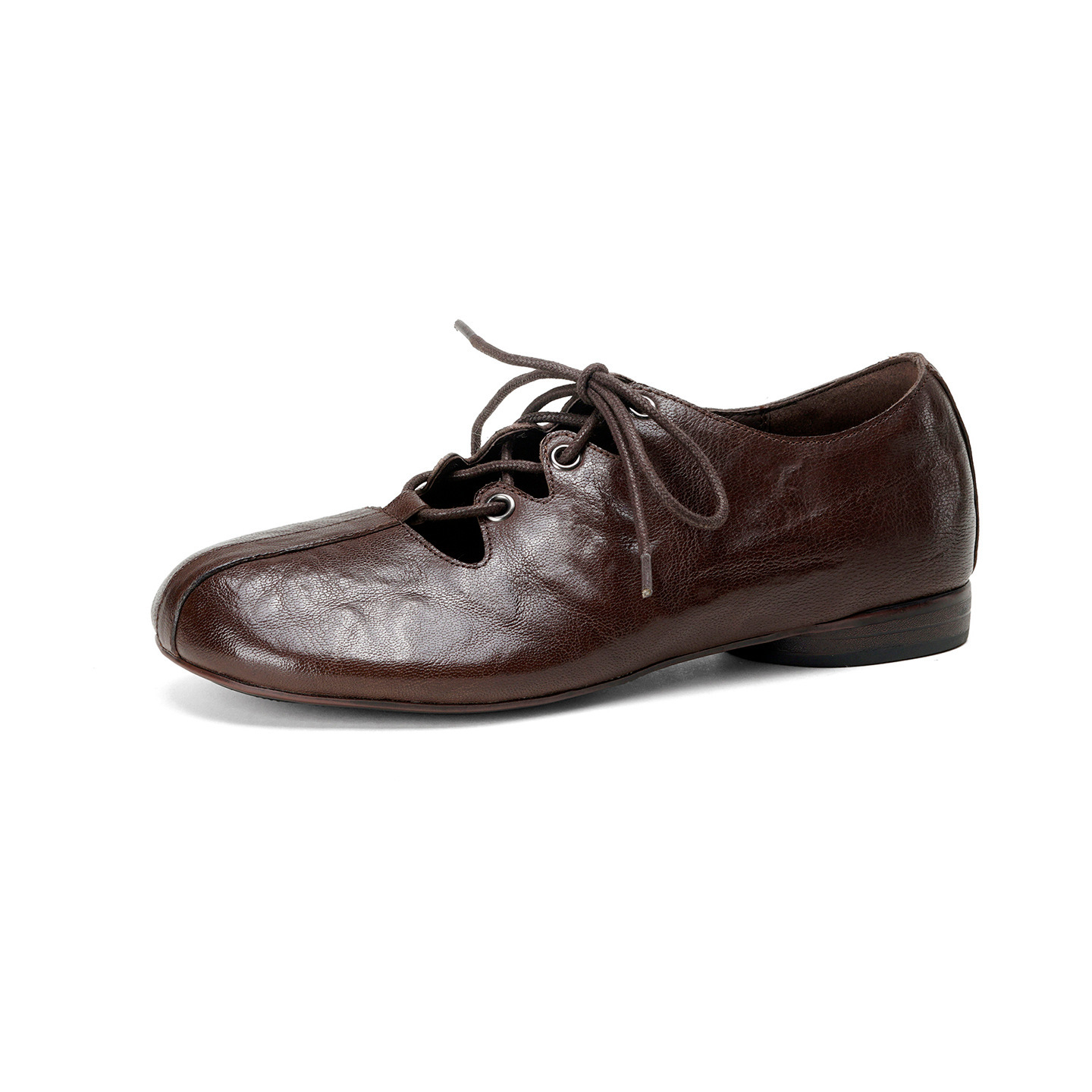 Giày da cừu nữ mũi tròn đế bệt buộc dây phong cách vintage — màu nâu