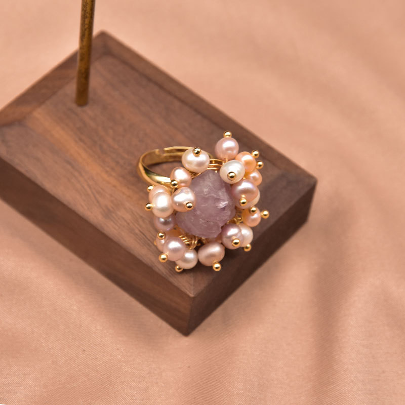 Anillo de perla de cristal de alto nivel, lujo ligero abierto ajustable, joyas hechas a mano, alta calidad al por mayor, natural