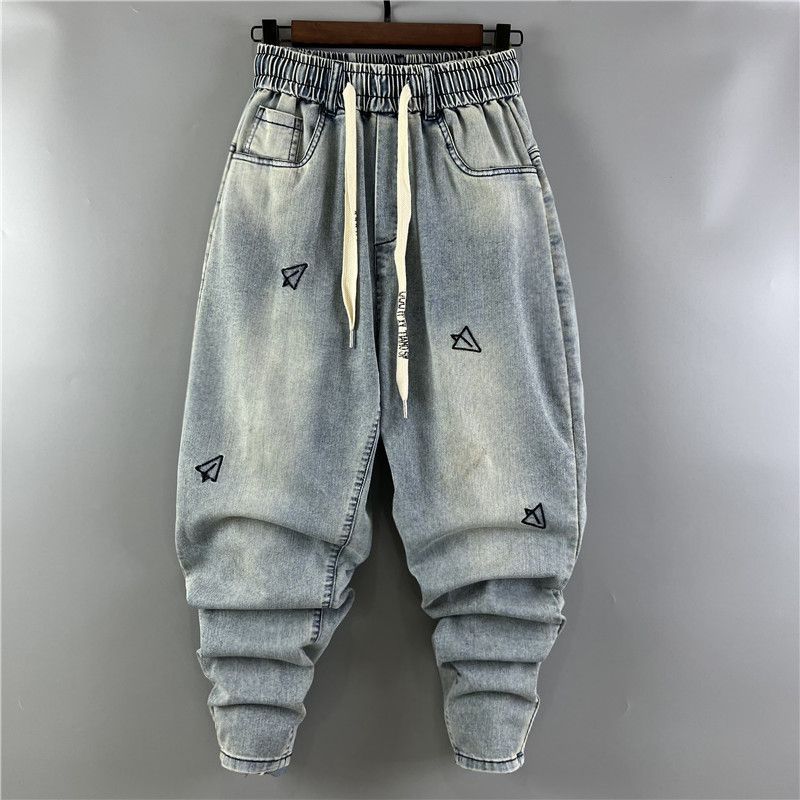 Men's Jeans Embroidery Trendy Pockets Personalized Elastic Waist Versatile Harlan Casual Pants_voghion.com