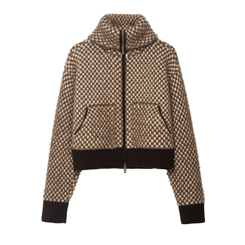 Zr Women's European and American Style 2025 Autumn New Artificial Fur Effect Patchwork Knitted Bomber Jacket