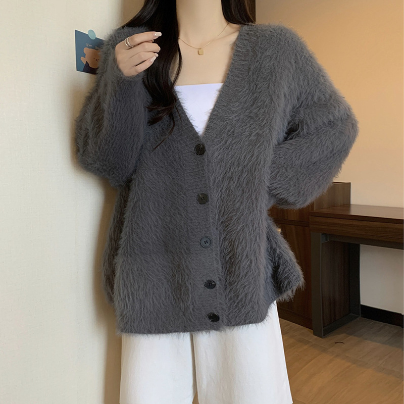 Lazy Style Knitwear Women's Jacket Autumn and Winter New Loose Korean Style V Neck Retro Imitation Mink Knitwear Jacket Cardigan