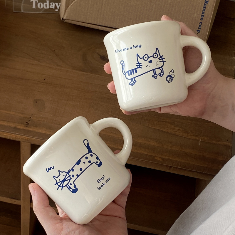 韩ins 小众抽象涂鸦小猫陶瓷马克杯 设计感白色酸奶杯水杯情侣杯|undefined