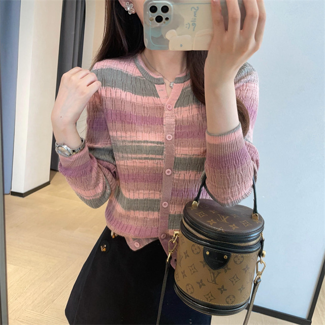 时髦显瘦花色条纹衫羊毛混纺竖坑条短款针织开衫女2025秋G092401|undefined