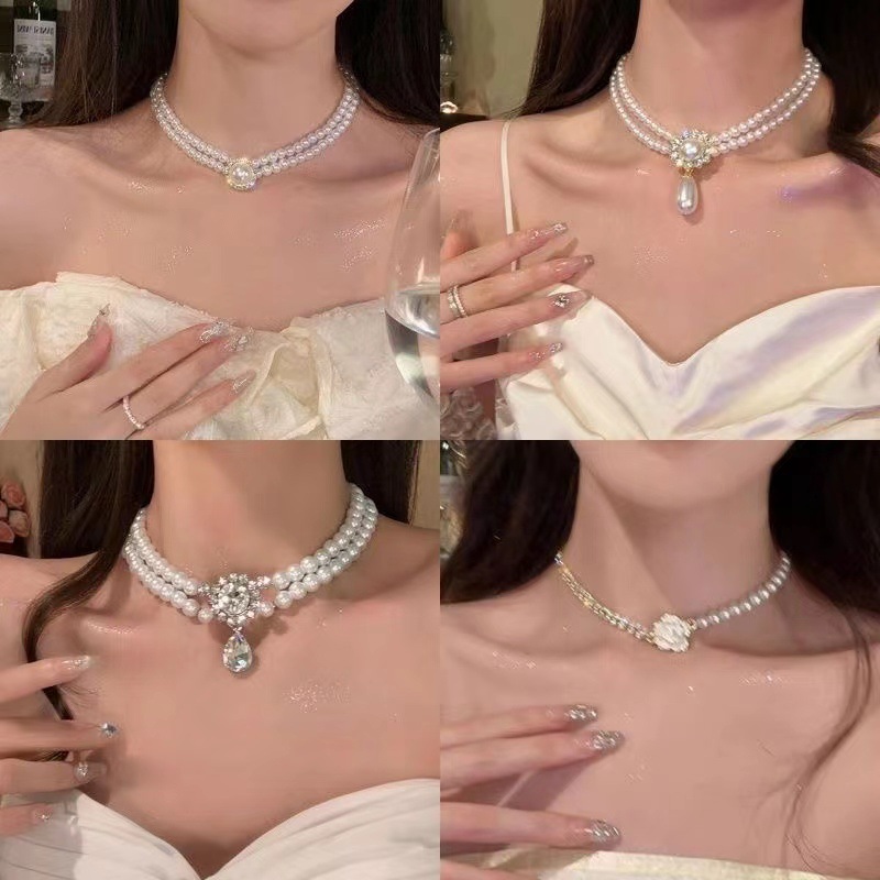 Collar de flores de diamantes de perlas galvanizadas en oro real, cadena de clavícula de todo fósforo de moda de nicho, joyería de lujo ligera de alta gama