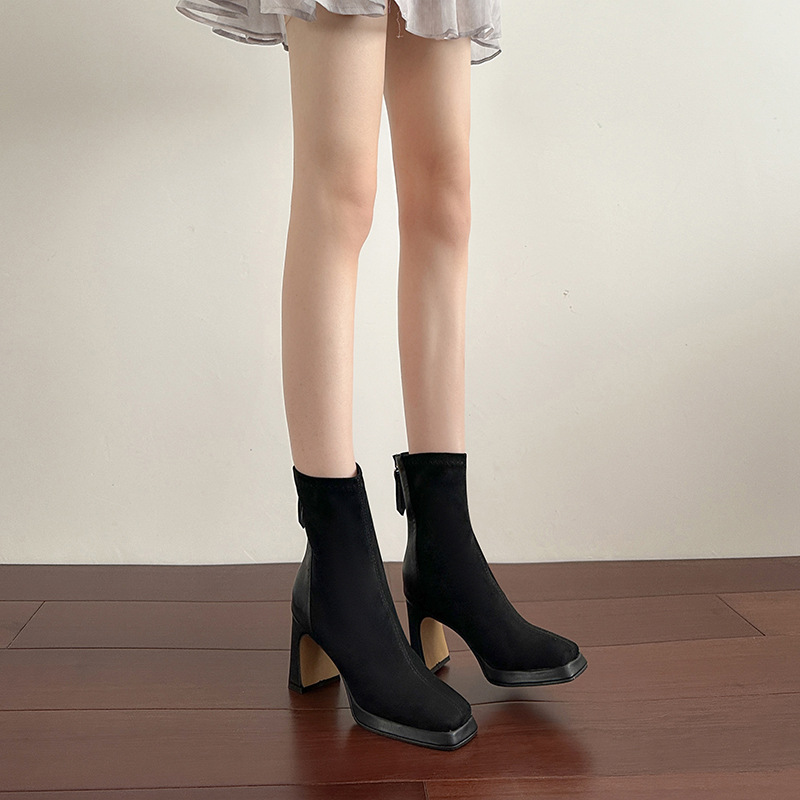 方头拼接粗跟短靴女防水台后拉链超高跟弹力靴方头显瘦绒面时装靴