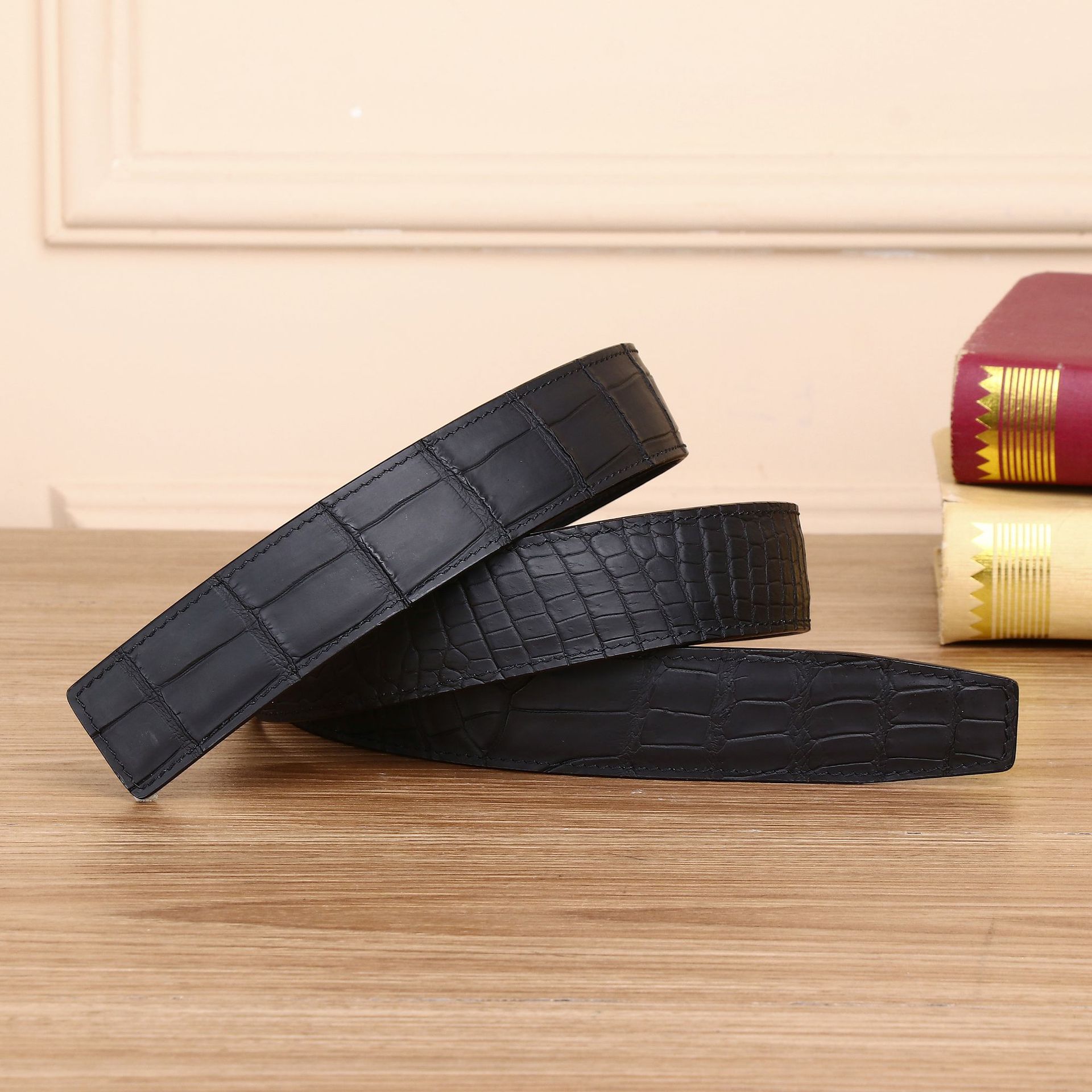 Thắt lưng nam da bụng cá sấu màu sương mù khóa tự động 3.8 cm dây mờ — 120cm, 110cm, 125cm, 115cm