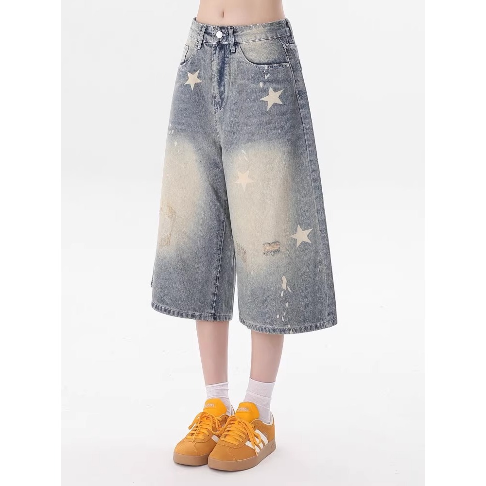 Quần short denim nữ phong cách Mỹ cổ điển, dáng rộng in hình ngôi sao — Màu xanh nhạt ([mẫu cao cấp, mềm mại và thoải mái hơn])