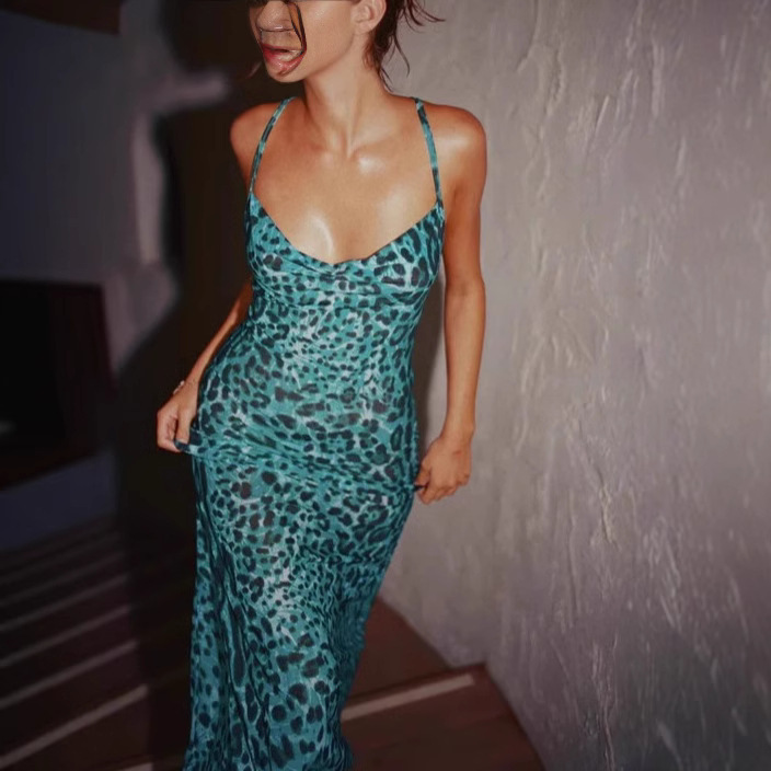 2025 European and American Cross-Border Summer Thin Suspender Trendy Leopard Print Dress Sexy V Neck Backless Strap Slim Skirt