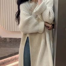 韩系慵懒风毛衣裙女2025早秋新款宽松套头侧开叉过膝中长款针织裙