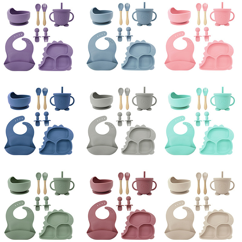 Fábrica al por mayor cubiertos para bebés babecera de silicona platos de comida suplementarios dinosaurios niños comidas set de entrenamiento