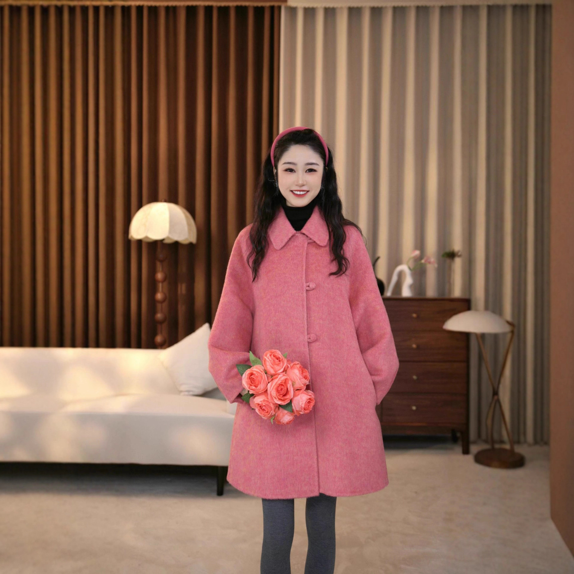 2025秋新款新中式简约宽松温柔风立领长款双面羊毛大衣