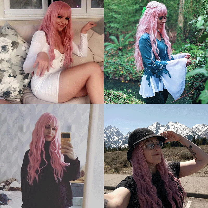 Fashionable Wig Pink Bangs Wave Pattern Synthetic Hair Extension Sophisticated Feel Hot Selling_voghion.com