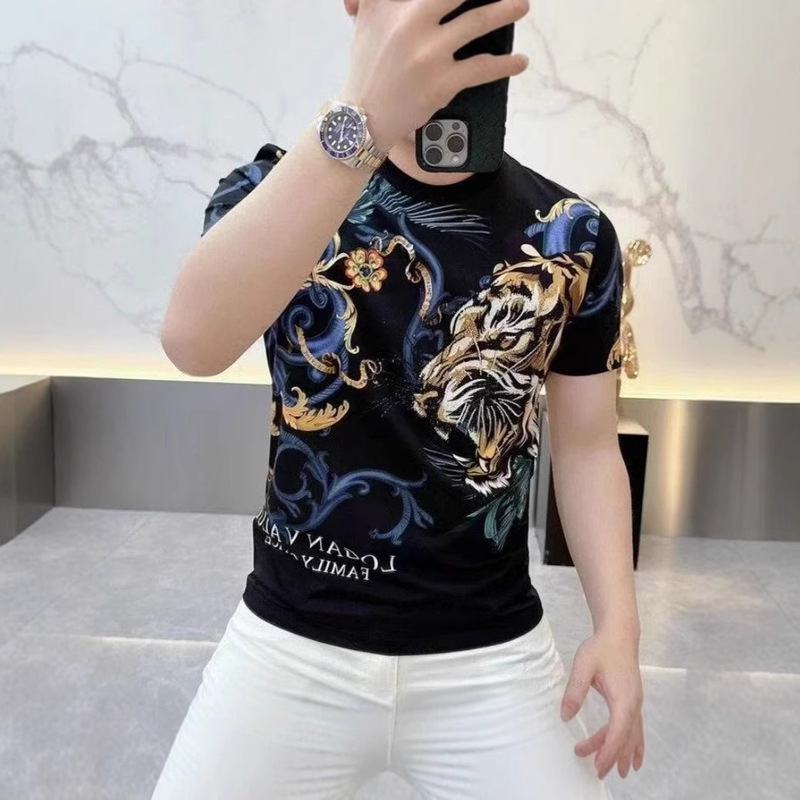 European Cross-Border Summer New Classy Domineering Tiger Head Print Men's Classy T-Shirt Fashionable Slim Body Shirt