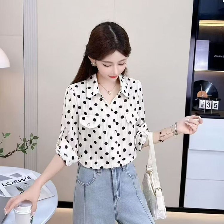 Dropshipping Polka Dot Women's Shirt 2025 Spring and Autum New Lapel Stripesd Cardigan Slimming Look Long-Sleeved Tops Dropshipping Polka Dot Women's Shirt 2025 Spring and Autum New Lapel Stripesd Cardigan Slimming Look Long-Sleeved Tops