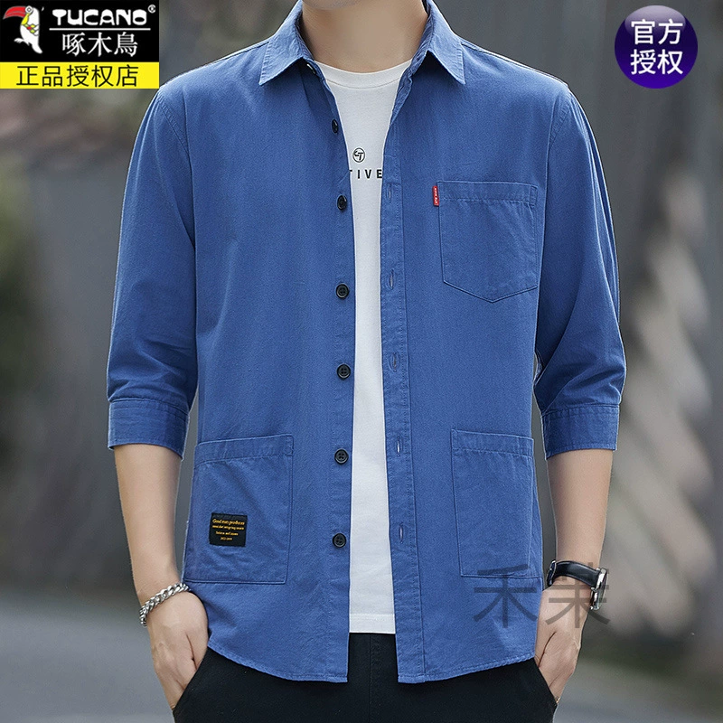 Дятел 100% хлопок свободная летняя тонкая мужская рубашка с рукавами среднего возраста с короткими рукавами