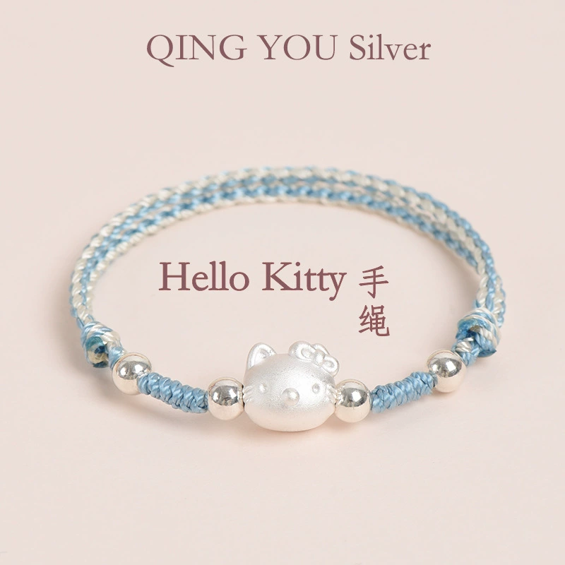 Hello Kitty, плетёный детский серебряный браслет ручной работы для друзей, для младших школьников, серебро 925 пробы, подарок на день рождения