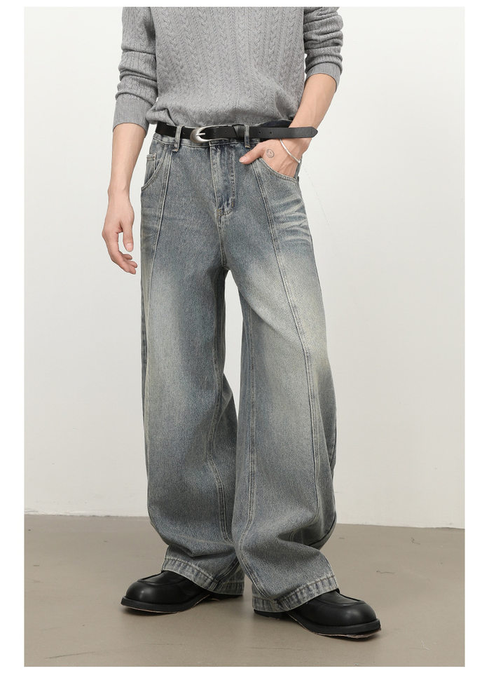 Quần jean nam ống rộng lưng giữa, dáng suông thẳng, denim mềm phong cách retro — màu xanh chi tiết 13