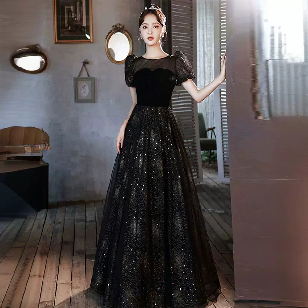 Black Students Vocal Art Test Evening Dress Female Light Luxury Niche High-end Banquet Temperament High-end Sense Host Performance