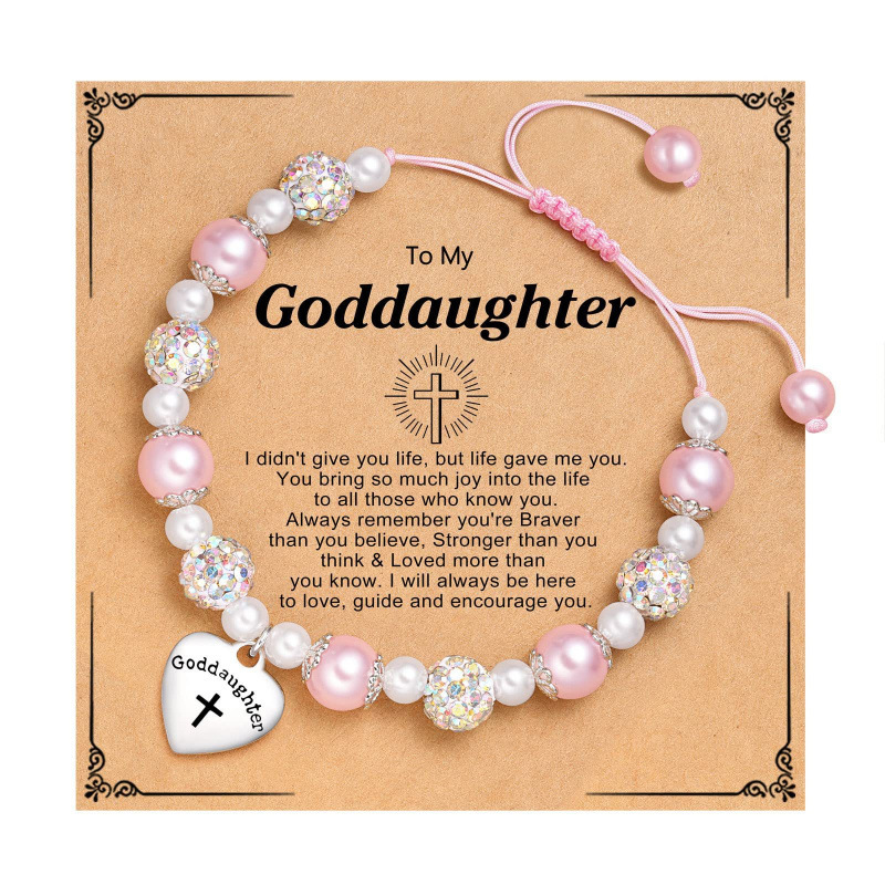 Diamond-Encrusted Bala Bead Bracelet, Pink Pearl Stainless Steel Love Lettering Woven Bracelet, Pearl Love Cross Bracelet
