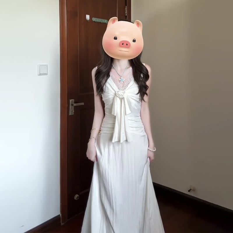 纯欲温柔V领法式无袖连衣裙女夏白色修身a字长裙设计感小众裙子|undefined