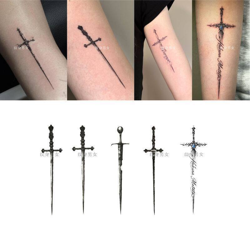 Retro Cross-Shaped English Tattoo Sticker, Personalized Realistic Sword Long-Lasting Waterproof Tattoo Sticker Retro Cross-Shaped English Tattoo Sticker, Personalized Realistic Sword Long-Lasting Waterproof Tattoo Sticker