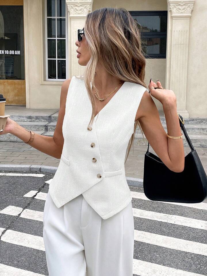 Women's Clothing Women's V Neck Sleeveless Cardigan Vest Irregular Slanted Button Waist Cinching For Formal & Casual For Women_ecoleips.com