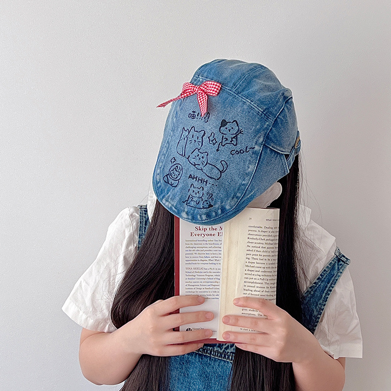 Original diy bow graffiti progressive cap women's summer 24 new duck tongue hat Y2K vintage Denim beret