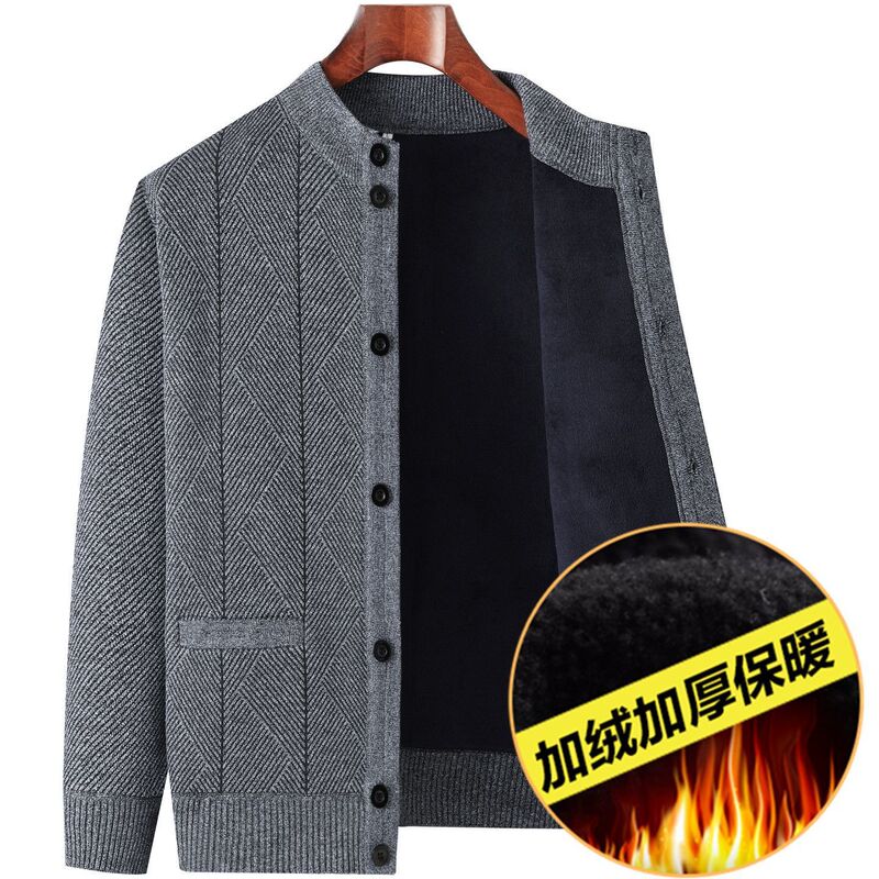 Middle-Aged and Elderly Men's Winter Sweater Grandpa Round Neck Cardigan Autumn and Winter Dad's Velvet Thickened New Shirt Jacket