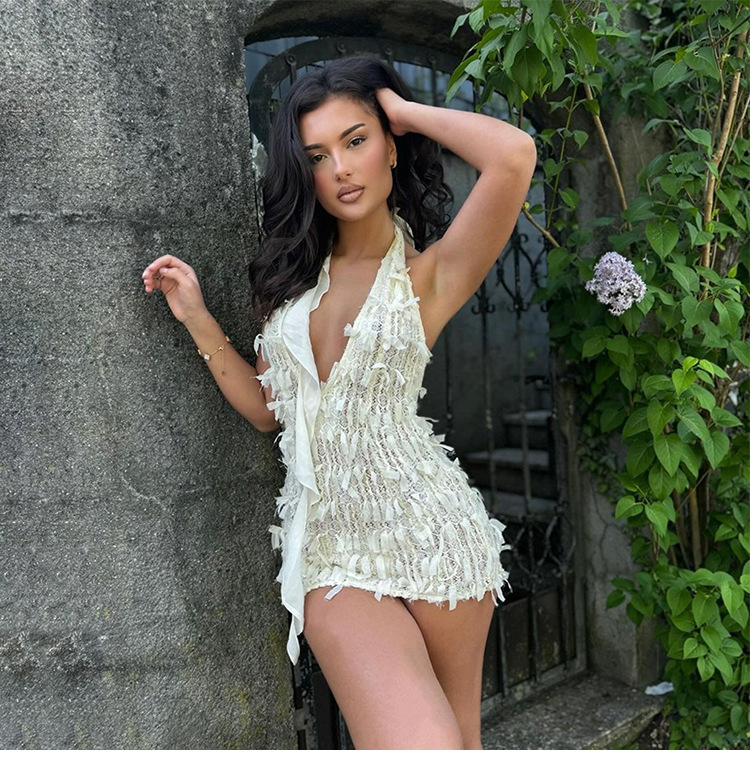 INS European American Women's Fashion Summer New Product: Sexy And Hot V-neck Halter Neck Backless Lace-up Patchwork_ecoleips.com