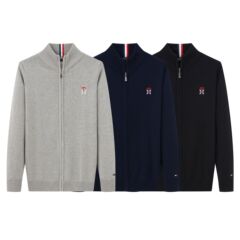 クロスボーダー新作 TOMMY メンズ セーター 厚みのあるスタンドカラー ジッパー プルオーバー セーター メンズ ピュアコットン 刺繍 セーター