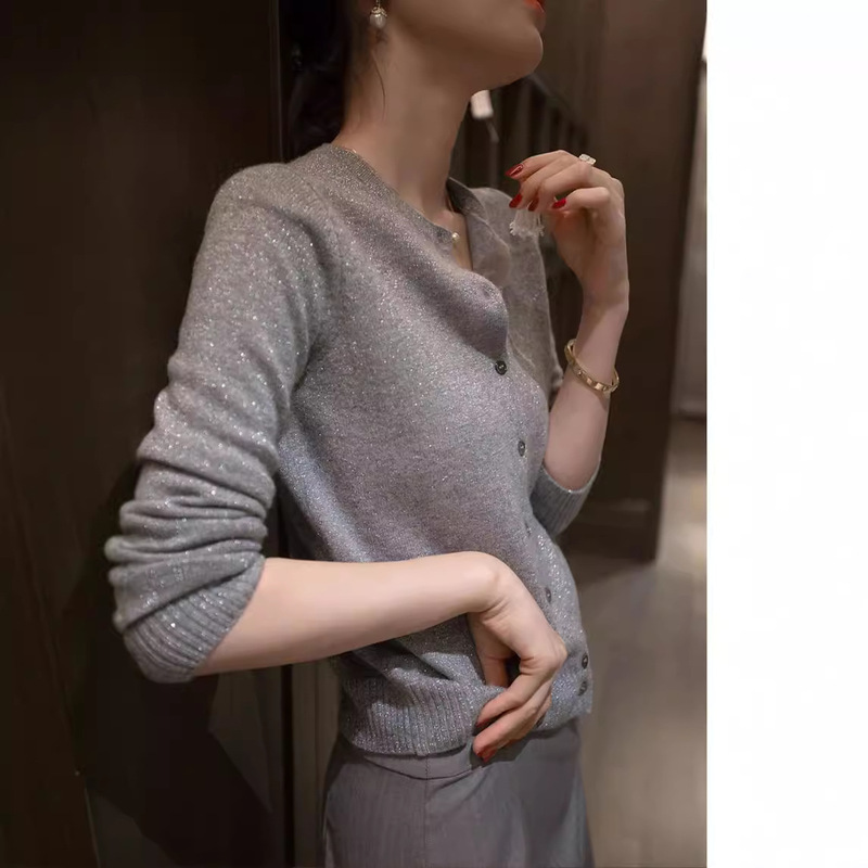 Cardigan Knitted Jacket for Women 2025 New Autumn and Winter Thin Outer Top Gray Regular Style Bright Silk Low Round