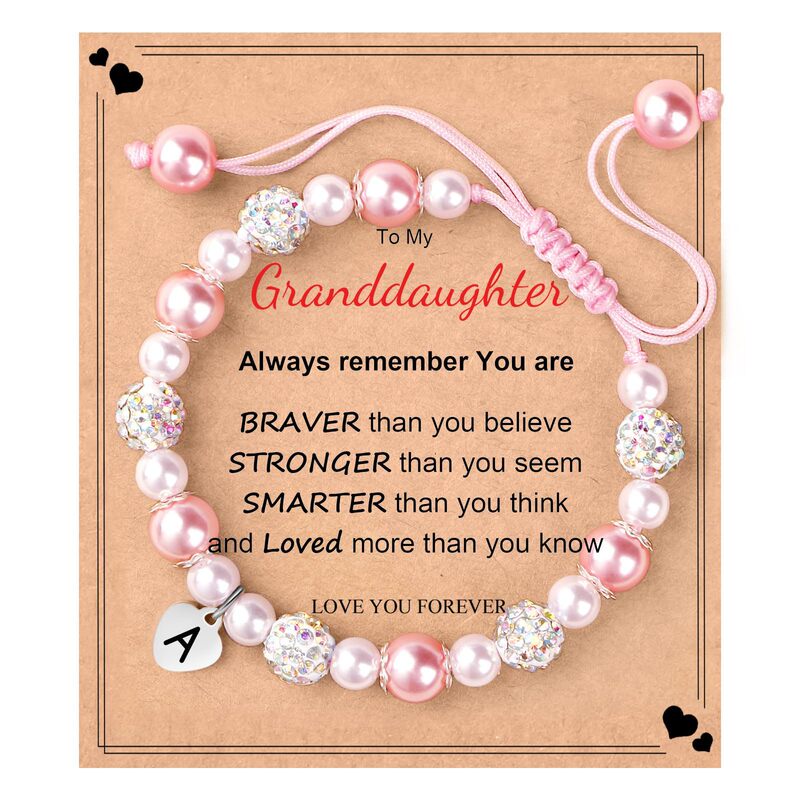 European and American New Stainless Steel Heart 26 Letter Bracelet Shamballa Pink Pearl Braided Hand Gift for Girls and Grandda Girls